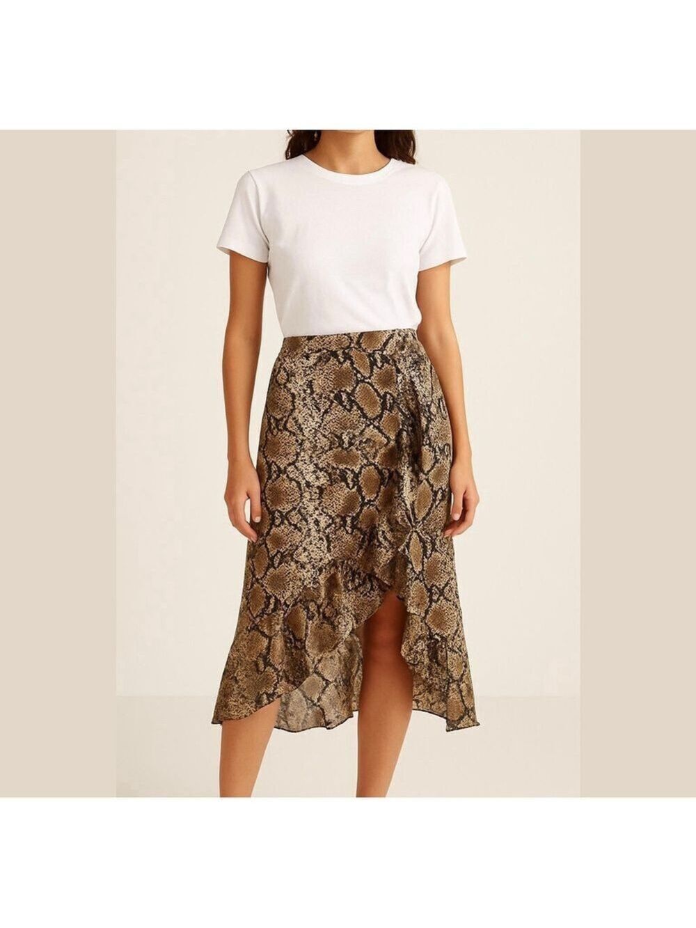 NWT CODE X MODE Womens Snakeskin High-Low Ruffle Skirt Beige Size XS